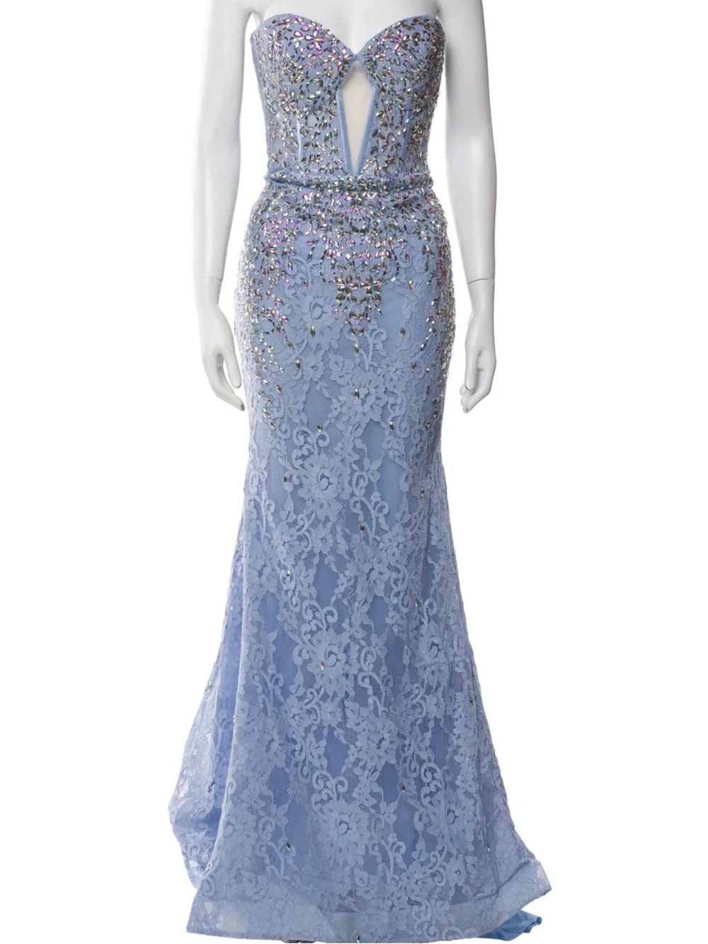 Portia and Scarlett Light Blue Strapless Corset and Lace Mermaid Gown